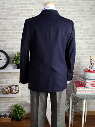 ラルフローレン　黄色と紺のレジメンタル柄ネクタイの紺ブレザースーツ　140