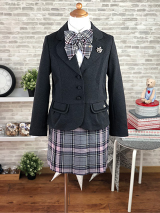 ポンポネット　グレージャケットのチェックリボンスーツ　150