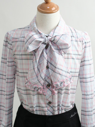 メゾピアノ　黒のキュロットスカートスーツにチェックリボンタイ　160