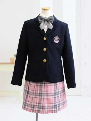 メゾピアノ 紺ブレザーとピンク地スカートのスーツ 150