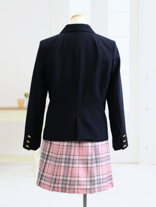 メゾピアノ 紺ブレザーとピンク地スカートのスーツ 150