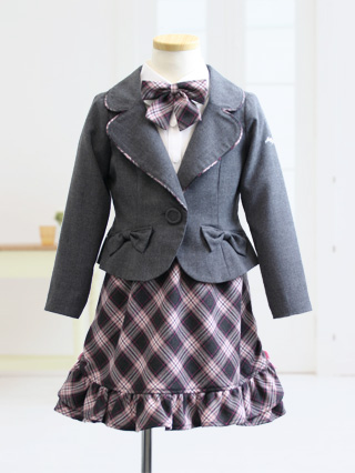 メゾピアノ ピンクとグレーのチェック地スカートのセレモニースーツ 110