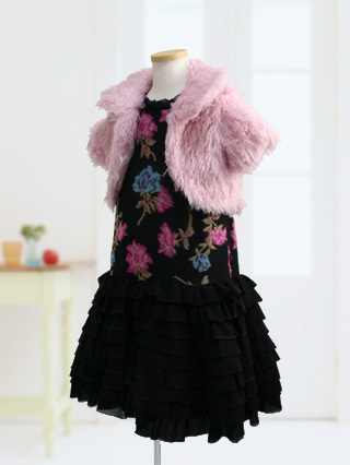 メゾピアノ　黒のフロッキーフラワーティアードフリルドレス　120/130/140(サイズ:140)