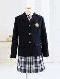 ポンポネット　紺ブレザーにチェック柄スカートのスーツ　150