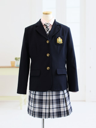 ポンポネット　紺ブレザーにチェック柄スカートのスーツ　150