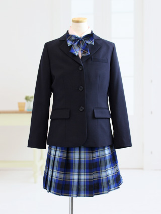 ポンポネット　紺ブレザーとブルー系チェックのスーツ　150