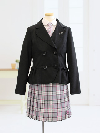 メゾピアノ 黒のジャケットとピンクチェックスカートのスーツ 160