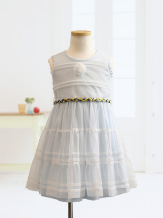 ポンポネット　水色ワンピースにチュールレースのドレス　100