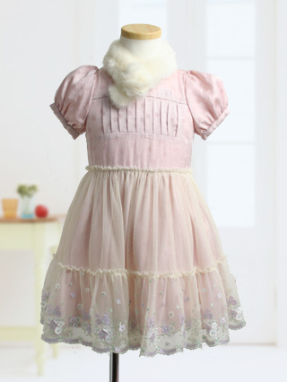 ポンポネット　ティペット付優しいピンクのドレス　100