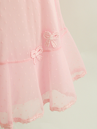 メゾピアノ パール調肩ひもが可愛いピンクのミニドレス 120