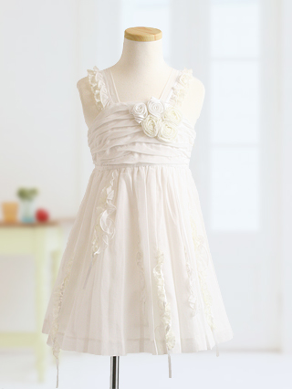 メゾピアノ 白とオフホワイトの胸にバラの飾りが可愛いミニドレス 110