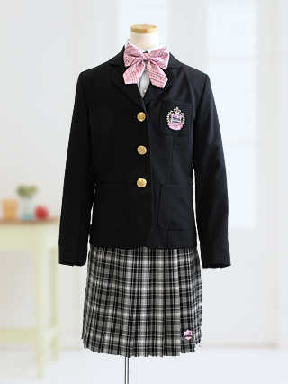 メゾピアノ 黒ジャケットにモノトーンチェックスカートのスーツ 150