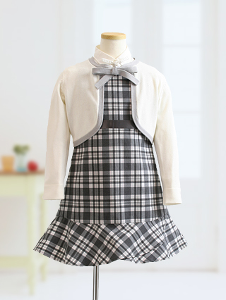 組曲 ニットカーディガンとグレーチェックワンピースのアンサンブル　120