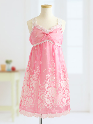 メゾピアノ ピンクのレース地に広がる花柄が可憐なワンピース 120