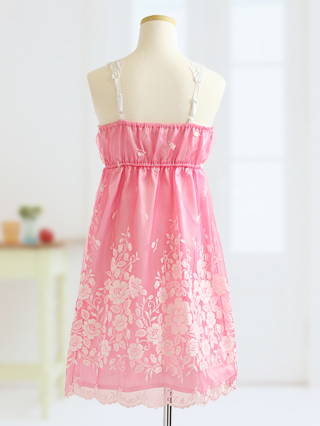 メゾピアノ ピンクのレース地に広がる花柄が可憐なワンピース 120